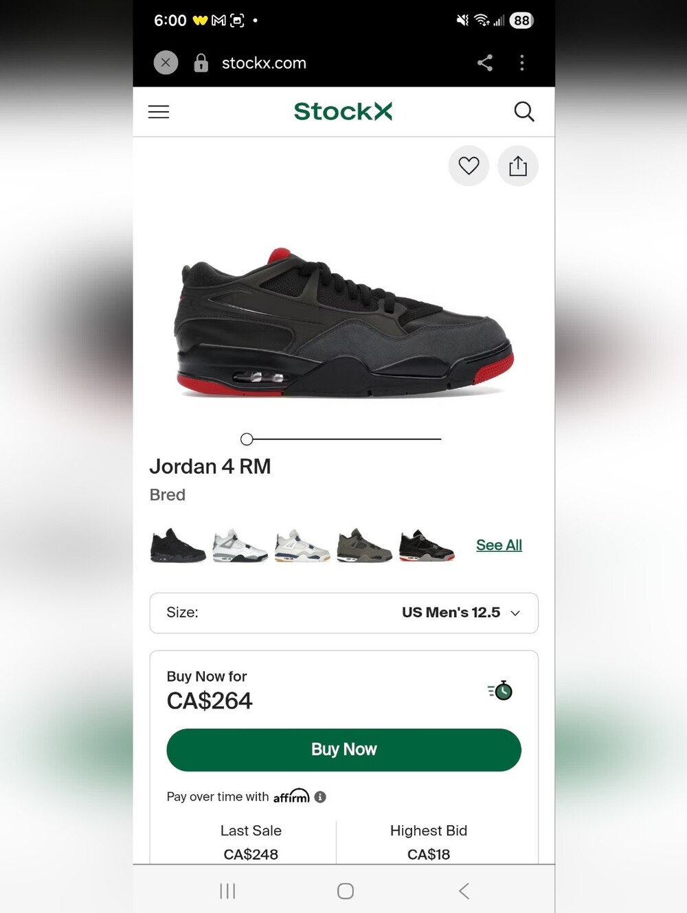 Jordan 4 RM Black/Red Low-Top Sneaker 7M
